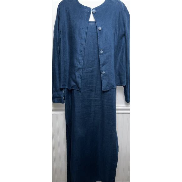 Vintage Finity 100% Linen L/S Jacket + Tank Dress 12 Lagenlook Blue Minimalist - Picture 1 of 13